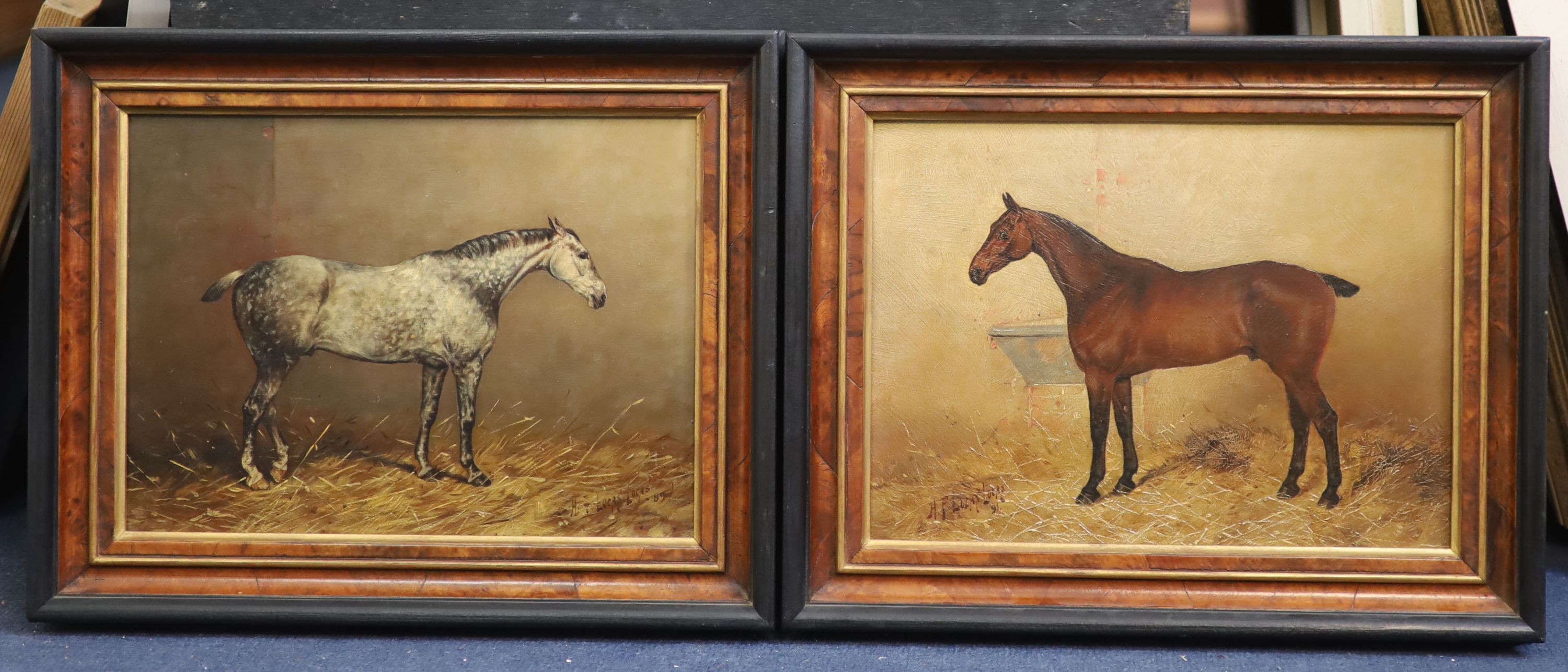 Henry Frederick Lucas-Lucas (1848-1943), Portraits of racehorses in stables, pair of oils on boards, 21 x 29cm